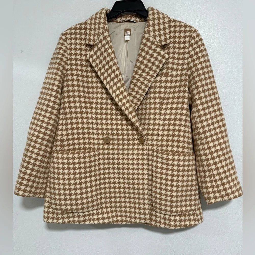 Hugo BOSS Jahonda Double Breasted Blazer Brown Houndstooth Tweed Jacket Sz 10